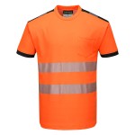 A high-visibility orange work shirt featuring retroreflective tape panels, suitable for a wide range of outdoor and site work applications.