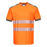 A high-visibility orange work shirt featuring retroreflective tape panels, suitable for a wide range of outdoor and site work applications.