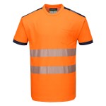 A high-visibility orange work shirt featuring retroreflective tape panels, suitable for a wide range of outdoor and site work applications.
