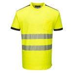A high-visibility yellow work shirt featuring retroreflective tape panels, suitable for a wide range of outdoor and site work applications.