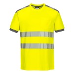 A high-visibility yellow work shirt featuring retroreflective tape panels, suitable for a wide range of outdoor and site work applications.