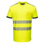 A high-visibility yellow work shirt featuring retroreflective tape panels, suitable for a wide range of outdoor and site work applications.