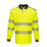A high-visibility yellow polo shirt featuring retroreflective tape panels, suitable for a wide range of outdoor and site work applications.