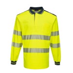 A high-visibility yellow polo shirt featuring retroreflective tape panels, suitable for a wide range of outdoor and site work applications.