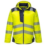 A high-visibility yellow jacket featuring retroreflective tape panels, suitable for a wide range of outdoor and site work applications.