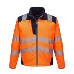 A high-visibility orange softshell jacket featuring retroreflective tape panels, suitable for a wide range of outdoor and site work applications.