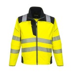 A high-visibility yellow softshell jacket featuring retroreflective tape panels, suitable for a wide range of outdoor and site work applications.
