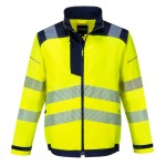 A high-visibility yellow jacket featuring retroreflective tape panels, suitable for a wide range of outdoor and site work applications.