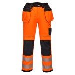 A pair of high-visibility orange trousers featuring retroreflective tape panels, functional pockets, suitable for a wide range of outdoor and site work applications.
