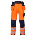 A pair of high-visibility orange trousers featuring retroreflective tape panels, functional pockets, suitable for a wide range of outdoor and site work applications.
