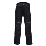 A pair of black work trousers designed for use on construction sites and in industrial work environments.,