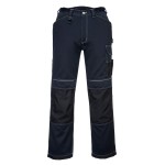 A pair of navy blue work trousers designed for use on construction sites and in industrial work environments.,