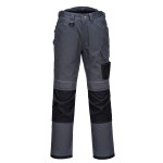 A pair of grey work trousers designed for use on construction sites and in industrial work environments.,