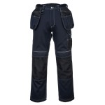 A pair of work trousers designed for use on construction sites and in industrial work environments.,