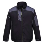 A black jacket designed for use on construction sites and in industrial work environments.,