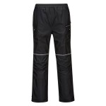 A pair of black work trousers designed for use on construction sites and in industrial work environments.,