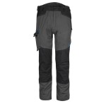 A pair of grey work trousers designed for use on construction sites and in industrial work environments.,