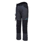 A pair of grey work trousers designed for use on construction sites and in industrial work environments.,