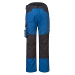 A pair of blue work trousers designed for use on construction sites and in industrial work environments.,