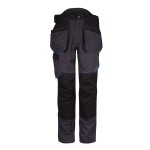 A pair of grey work trousers designed for use on construction sites and in industrial work environments.,