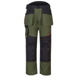 A pair of green work trousers designed for use on construction sites and in industrial work environments.,
