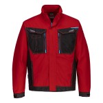 A red jacket designed for use on construction sites and in industrial work environments.,