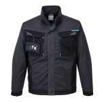 A grey jacket designed for use on construction sites and in industrial work environments.,