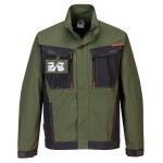 A green jacket designed for use on construction sites and in industrial work environments.,