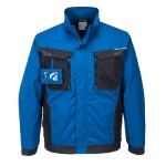 A blue jacket designed for use on construction sites and in industrial work environments.,