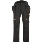 A pair of black work trousers featuring stretch panels for ease of movement, suitable for a wide range of outdoor and site work applications.