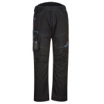 A pair of black work trousers designed for use on construction sites and in industrial work environments.,