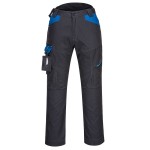 A pair of grey work trousers designed for use on construction sites and in industrial work environments.,