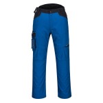 A pair of blue work trousers designed for use on construction sites and in industrial work environments.,