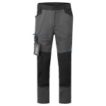 A pair of grey work trousers designed for use on construction sites and in industrial work environments.,