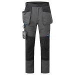 A pair of grey work trousers designed for use on construction sites and in industrial work environments.,