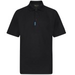 A black polo shirt designed for use on construction sites and in industrial work environments.,