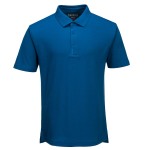 A blue polo shirt designed for use on construction sites and in industrial work environments.,