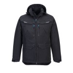 A black jacket designed for use on construction sites and in industrial work environments.,