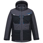 A grey jacket designed for use on construction sites and in industrial work environments.,