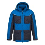 A blue jacket designed for use on construction sites and in industrial work environments.,
