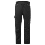 A pair of black work trousers designed for use on construction sites and in industrial work environments.,
