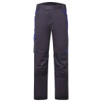 A pair of navy blue work trousers designed for use on construction sites and in industrial work environments.,