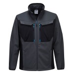 A grey softshell jacket designed for use on construction sites and in industrial work environments.,