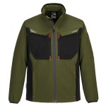 A green softshell jacket designed for use on construction sites and in industrial work environments.,