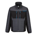 A grey jacket designed for use on construction sites and in industrial work environments.,
