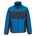 A blue jacket designed for use on construction sites and in industrial work environments.,