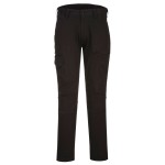 A pair of black work trousers designed for use on construction sites and in industrial work environments.,
