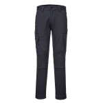 A pair of grey work trousers designed for use on construction sites and in industrial work environments.,