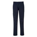 A pair of navy blue work trousers designed for use on construction sites and in industrial work environments.,