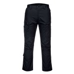 A pair of black work trousers designed for use on construction sites and in industrial work environments.,